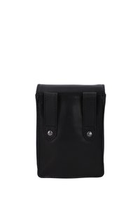 Pochette nera in pelle con due cinturini frontali e bottoni argentati, caratterizzata da una forma rettangolare e una superficie liscia. Design compatto per un facile trasporto.
