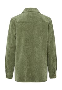 Green corduroy shirt jacket with a collared neck, long sleeves, and a textured surface. Features a buttoned cuff detail.
