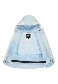 Lichtblauwe geïsoleerde jas met een capuchon, voorzien van witte accenten, gaaszakken en een zwarte tailleband met hartpatronen. Roxy-logo zichtbaar.