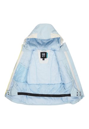 Lichtblauwe geïsoleerde jas met een capuchon, voorzien van witte accenten, gaaszakken en een zwarte tailleband met hartpatronen. Roxy-logo zichtbaar.