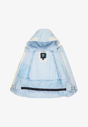 Hellblaue isolierte Jacke mit Kapuze, die weiße Akzente, Netz-Taschen und einen schwarzen Bund mit Herzmustern aufweist. Roxy-Logo sichtbar.