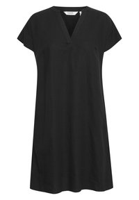 Abito in lino nero con scollo a V e maniche a cappuccio. Vestibilità ampia, design all'altezza del ginocchio, tessuto liscio, senza motivi o dettagli decorativi.