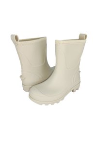 Witte rubberen laarzen met een gladde oppervlakte, middelhoge pasvorm, textuurvrije zolen voor grip en aantrektabs aan de bovenkant voor gemakkelijk aan- en uittrekken.