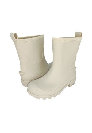White rubber boots with a smooth surface, mid-height design, textured grip soles, and pull tabs on the top for easy wear.