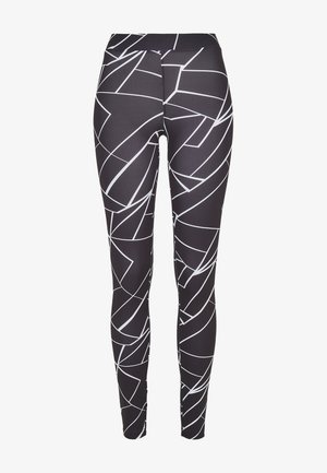 Črne legice z belim geometrijskim vzorcem, narejene iz raztegljivega materiala in z visokim pasom za udobje.