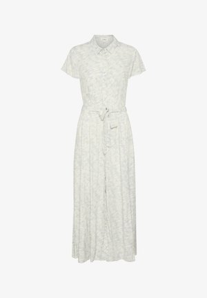 Lys blå skjortekjole med korte ærmer, bånd i taljen og en let silhuet. Har et subtilt struktureret mønster over hele kjolen.