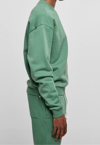 Sweat-shirt vert à col rond en tissu doux avec poignets côtelés, coupe décontractée et détails de surpiqûres ; porté avec un jogging assorti.