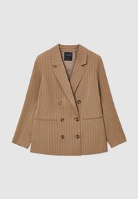 Blazer marrone doppiopetto con strisce bianche verticali, rever a punta e due tasche frontali. Presenta bottoni rotondi marroni e una texture liscia.