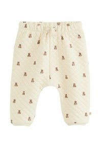 Quiltede creme bukser med et teddy bear print, der har en elastisk talje og manchetter ved anklerne. Blødt stof med et struktureret mønster.