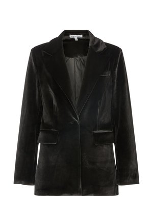 Black velvet blazer with lapel collar, two front pockets, long sleeves, and single button closure. Smooth texture with a slight sheen.