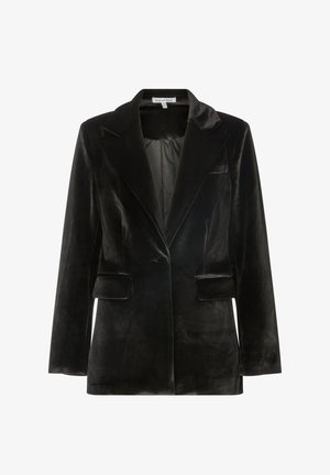 Schwarzer Samtblazer mit Reverskragen, zwei Fronttaschen, langen Ärmeln und einreihiger Knopfleiste. Glatte Textur mit leichtem Glanz.