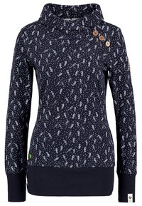 Marinblå långärmad hoodie med vitt sjöhäst- och bubbelmönster, hög krage med tre träknappar, ribbade ärmslut och nederkant.