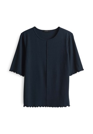 Top corto in blu navy realizzato in tessuto morbido, con collo rotondo e orlo a patologhi lungo le maniche e il bordo inferiore.