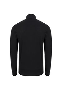 Czarny długi rękaw pulower z wysokim kołnierzem, wykonany z gładkiej dzianiny. Wyróżnia się dopasowanym dolnym wykończeniem i ściągaczami na rękawach.