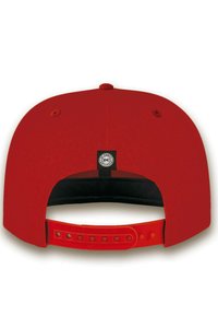 Red baseball cap with a flat brim and adjustable plastic strap. Black inner lining, and a small DC Comics logo on the back.