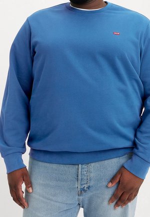 Mann trägt ein blaues Levi's-Sweatshirt und hellblaue Jeans, steht mit entspannten Händen an den Seiten vor einem schlichten Hintergrund.