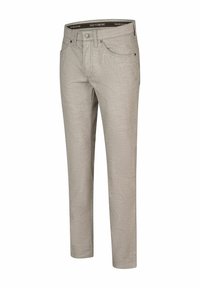 Beige chino's met een rechte pijpvorm, gemaakt van gladde stof. Voorzien van steekzakken aan de voorkant, een knoopsluiting en subtiele stiksel details.
