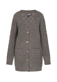 Cardigan lavorato a maglia in lana grigia con un motivo a diamante testurizzato, dotato di maniche lunghe, scollo a V, bottoni in legno e due tasche anteriori.