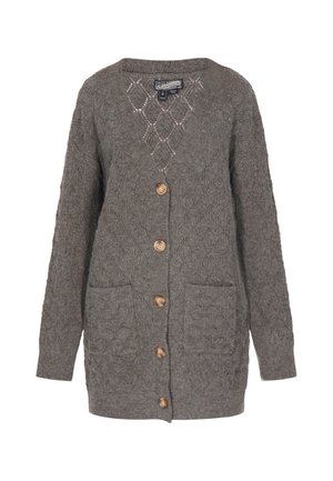 Gestrickte Strickjacke aus grauer Wolle mit einem strukturierten Rautenmuster, lange Ärmel, V-Ausschnitt, Holzknöpfen und zwei vorderen Taschen.