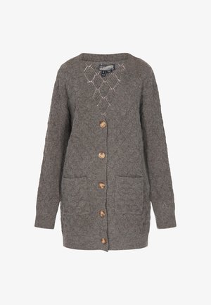 Gestrickte Strickjacke aus grauer Wolle mit einem strukturierten Rautenmuster, lange Ärmel, V-Ausschnitt, Holzknöpfen und zwei vorderen Taschen.