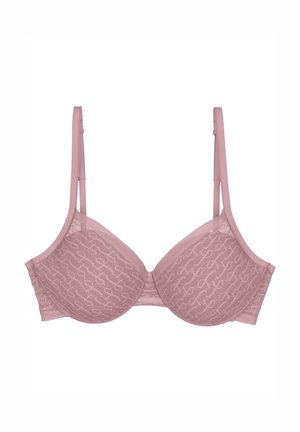 Roze beha met een gladde afwerking, voorzien van een subtiel logo-patroon. Hij heeft verstelbare bandjes en een gesloten rug voor ondersteuning.