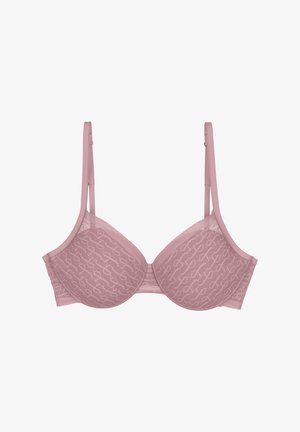 Sostenitore rosa con una finitura liscia, caratterizzato da un motivo logo sottile. Ha spalline regolabili e un retro chiuso per un maggior supporto.
