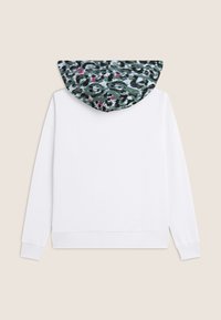 Felpa bianca con cappuccio dal motivo vivace che include tonalità di verde, nero e rosa. Il materiale è morbido con polsini e orlo a costine.