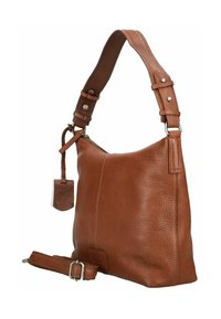 Borsa a spalla in pelle marrone con texture, tracolla regolabile, chiusura con zip e dettaglio in pelle attaccato.