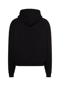 Black hooded sweatshirt with ribbed cuffs and hem, made of soft, textured fabric. Features a classic, relaxed fit with raglan sleeves.