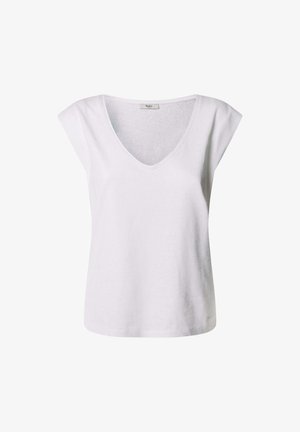 Baltās kokvilnas T-krekls ar V-veida kakla izgriezumu un īsām, kapri piedurknēm, ar brīvu piegriezumu un gludu tekstūru, piemērots ikdienas valkāšanai.