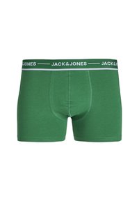 Groene boxershorts met een witte tailleband waarop het logo "JACK & JONES" staat. Gemaakt van een gladde stof met een snug fit en een klassiek ontwerp.