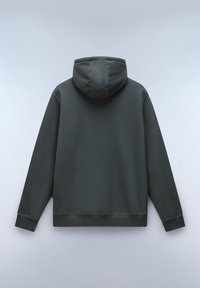 Donkergroene hoodie met een gladde textuur, voorzien van een grote capuchon, lange mouwen en ribgebreide manchetten en zoom. Eenvoudig, minimalistisch ontwerp.