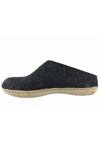Black felt slipper with a rounded toe, low back, and beige suede sole. Features visible stitching along the outer edge. Smooth texture.