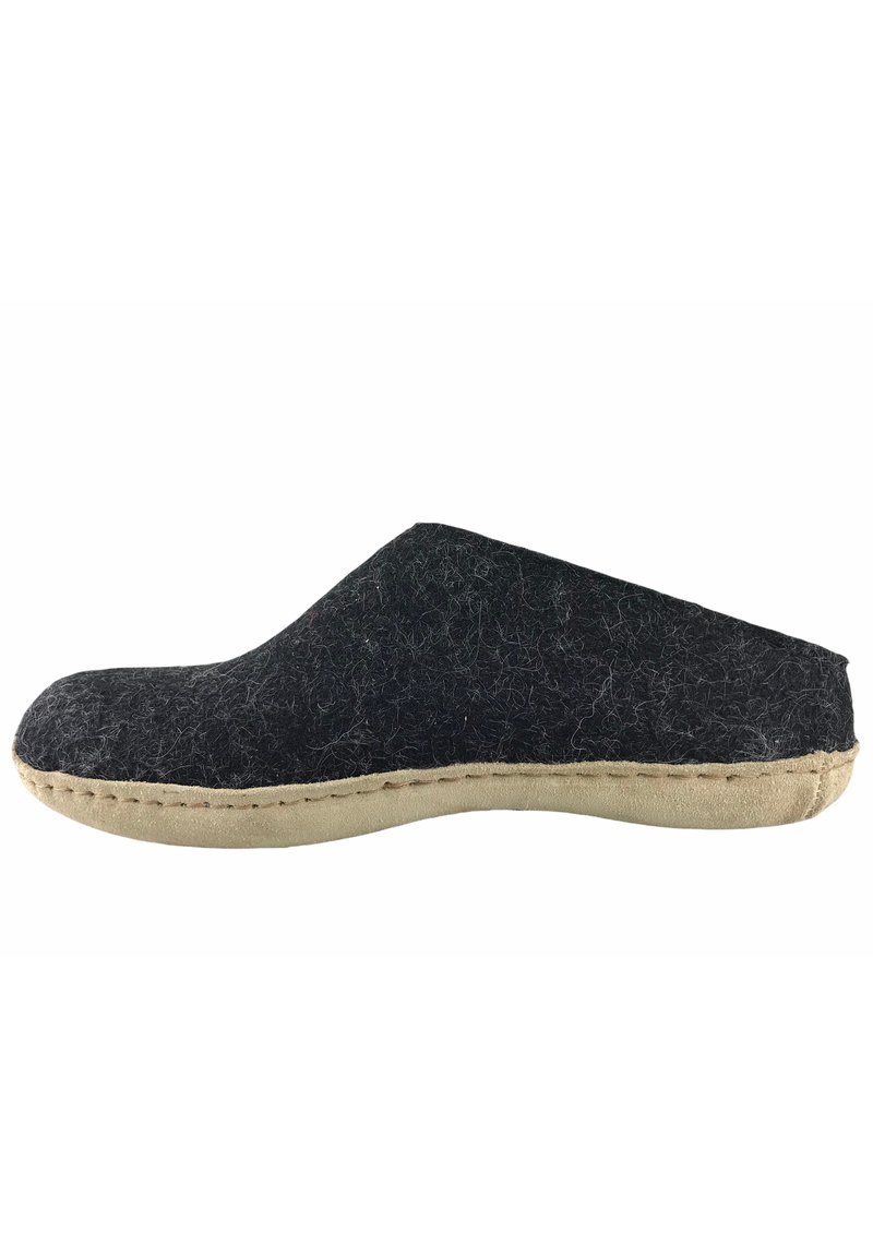 Black felt slipper with a rounded toe, low back, and beige suede sole. Features visible stitching along the outer edge. Smooth texture.