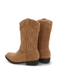 Botas de vaquero de ante marrón con detalles de costura y puntera puntiaguda, que cuentan con un borde decorativo en la parte superior y un tacón negro bajo.