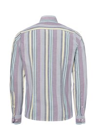 Langärmliges Hemd mit vertikalen Streifen in Pastellfarben: Lila, Hellblau, Creme und Grau. Hergestellt aus leichtem Baumwollmaterial.