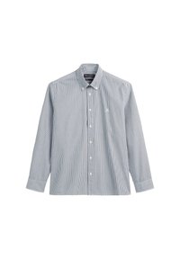 Striped button-up shirt in light blue and white fabric. Features long sleeves, a buttoned collar, and a small logo on the chest.
