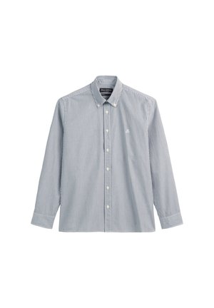 Striped button-up shirt in light blue and white fabric. Features long sleeves, a buttoned collar, and a small logo on the chest.