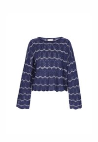 Navyblauer, kurz geschnittener Pullover mit langen Ärmeln, der ein wellenförmiges Spitzenmuster in hellerer Stickerei, strukturiertes Strickgewebe und einen runden Ausschnitt aufweist.