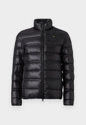 Black puffer jacket with horizontal quilted pattern, stand collar, front zipper closure, and small logo patch on left chest.