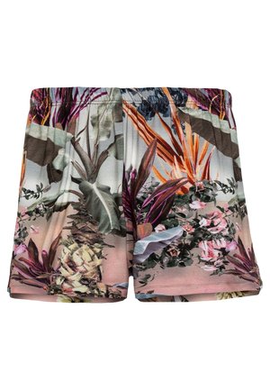 Shorts med elastisk talje og tropisk blomstermønster samt ananasprint i flere nuancer af grøn, orange, pink og brun på en lys baggrund.