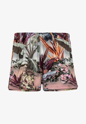 Szorty z elastycznym paskiem w talii, z nadrukiem tropikalnych kwiatów i ananasa w wielokolorowych odcieniach zieleni, pomarańczu, różu i brązu na jasnym tle.