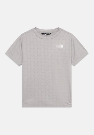 Lys grå kortermet T-skjorte med subtilt geometrisk mønster og hvit The North Face-logo på venstre bryst.