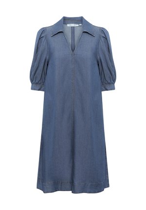 Denimmekko, jossa on kauluskohonnus, lyhyet puffihihat ja V-muotoinen etuaukko. Sininen väri, jossa näkyvät ompelutseikat. A-linjainen leikkaus.