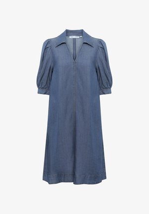 Denim kjole med krave, korte pufærmer og en V-formet åbning foran. Blå farve med synlig syning. A-formet snit.
