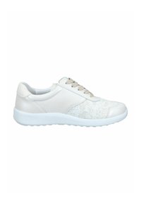 Light beige leather sneaker with floral pattern on toe, beige laces, cushioned collar, and white textured sole, shown from side view.