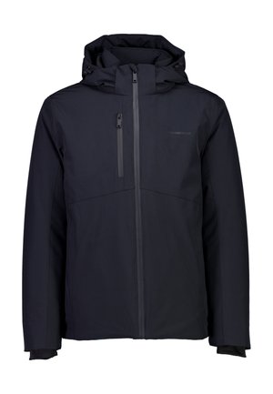 Schwarze wasserdichte Jacke mit Kapuze, ausgestattet mit einem Frontreißverschluss und zwei Reißverschlusstaschen. Glatte Textur und minimalistisches Design, keine sichtbaren Muster.