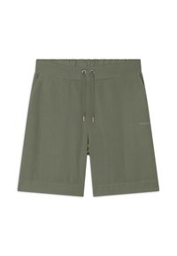 Pantalones cortos verde oliva de tejido ligero, con cintura elástica y cordones, y un sutil detalle de logo.