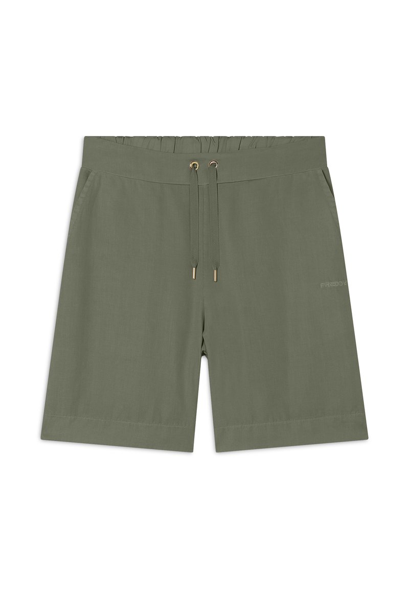 Pantalones cortos verde oliva de tejido ligero, con cintura elástica y cordones, y un sutil detalle de logo.