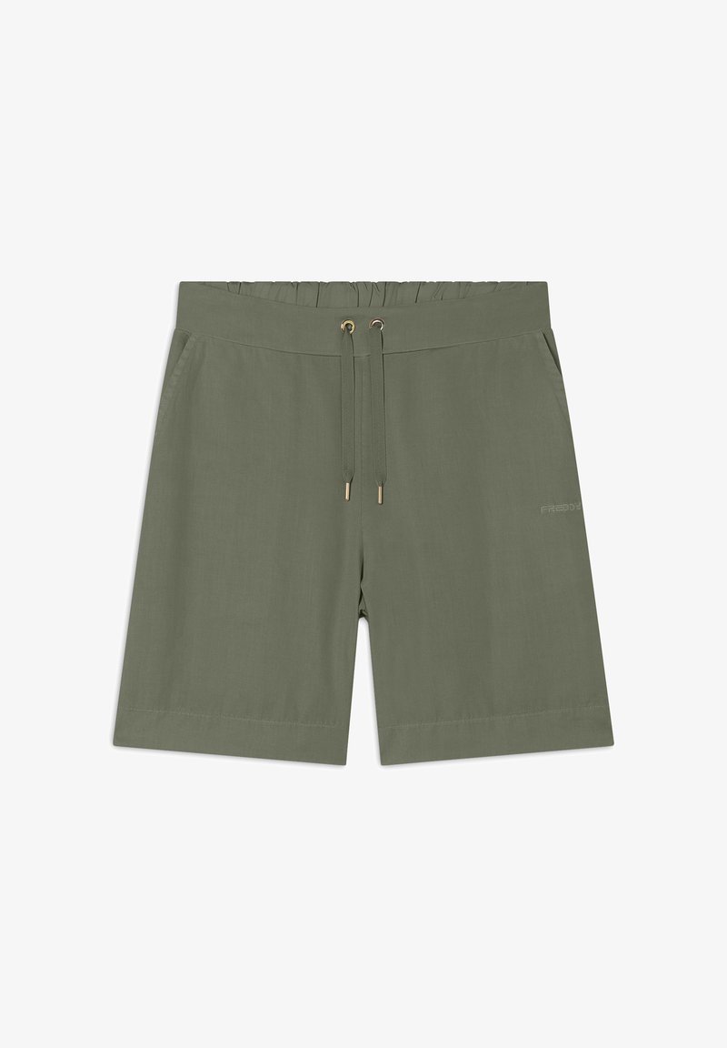 Pantalones cortos verde oliva de tejido ligero, con cintura elástica y cordones, y un sutil detalle de logo.
